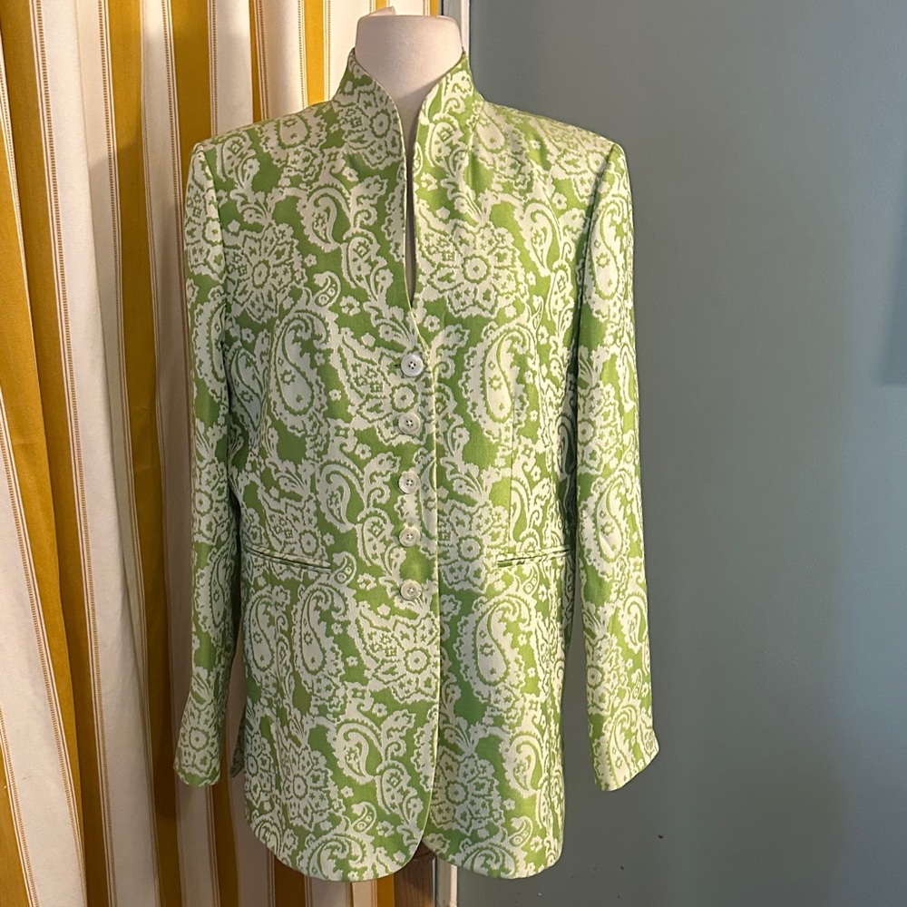 Ellen Tracy x Linda Allard Green and White Paisley Blazer